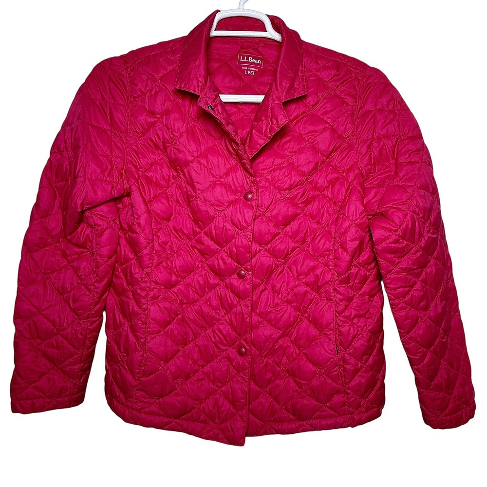 LL Bean Womens Quilted Jacket Pink Button Front Collared Diamond Stitch L Petite - Picture 11 of 11